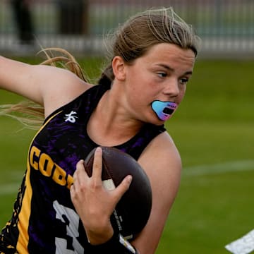 Fort Pierce Central’s Kailee Grone (3) runs the ball against Centennial during a girls flag football game, Tuesday, March 4, 2025, at Fort Pierce Central High School.