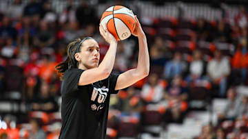 Sep 22, 2024; Uncasville, Connecticut, USA; Indiana Fever guard Caitlin Clark (22) warms up before game one of the first round of the 2024 WNBA Playoffs at Mohegan Sun Arena. Mandatory Credit: Mark Smith-Imagn Images