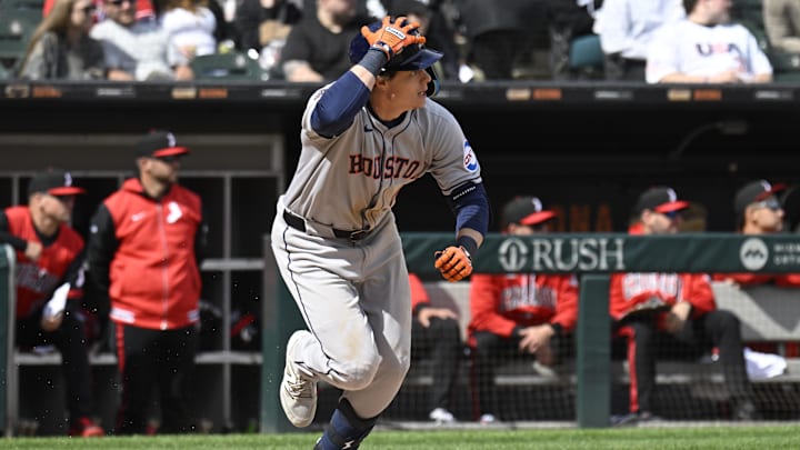 May 3, 2025; Chicago, Illinois, USA;  Houston Astros outfielder Jake Meyers (6) holds his helmet after he hit an RBI double during the eighth inning against the Chicago White Sox at Rate Field. 