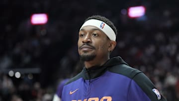 Feb 1, 2025; Portland, Oregon, USA; Phoenix Suns shooting guard Bradley Beal (3) looks on before the game against the Portland Trail Blazers at Moda Center. Mandatory Credit: Soobum Im-Imagn Images