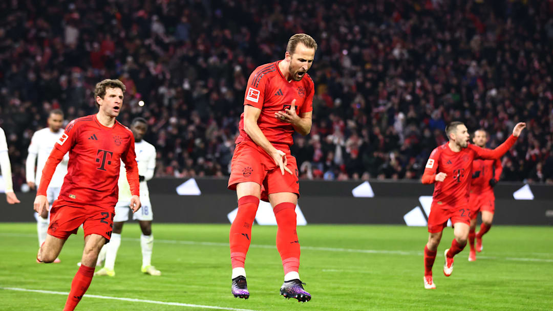 Bayern Munich striker Harry Kane celebrating after scoring against Hoffenheim.