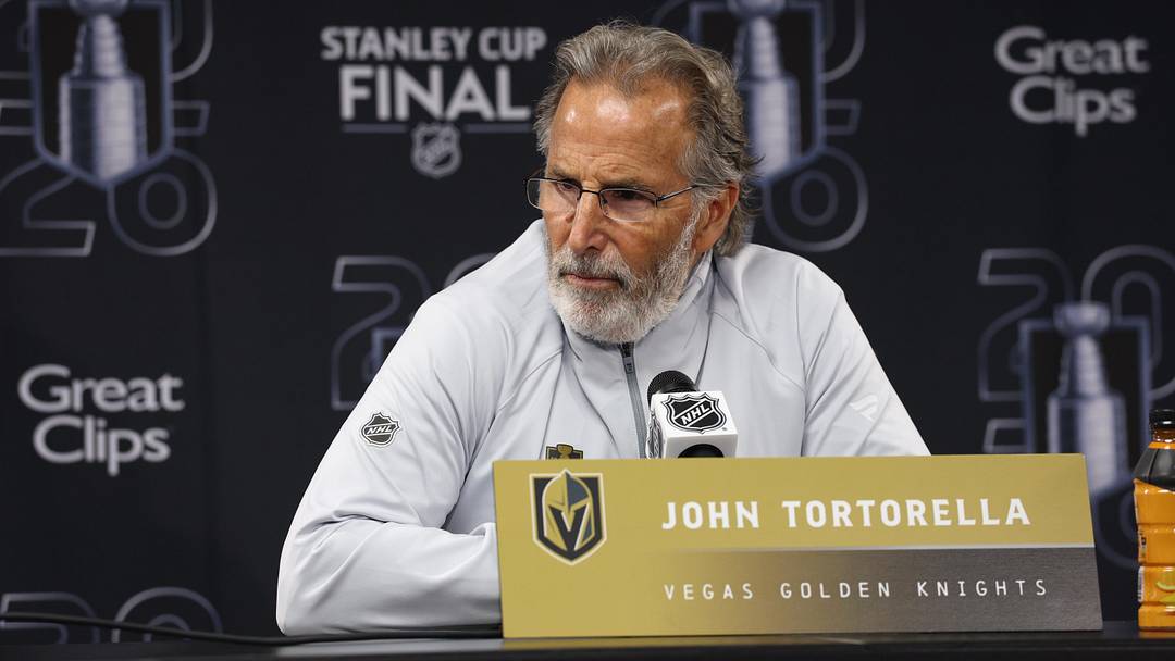 Jun 4, 2026; Raleigh, North Carolina, USA; Vegas Golden Knights John Tortorella during the post game press conference after the loss to the Carolina Hurricanes in game two of the 2026 Stanley Cup Final at Lenovo Center. Mandatory Credit: Nathan Ray Seebeck-Imagn Images