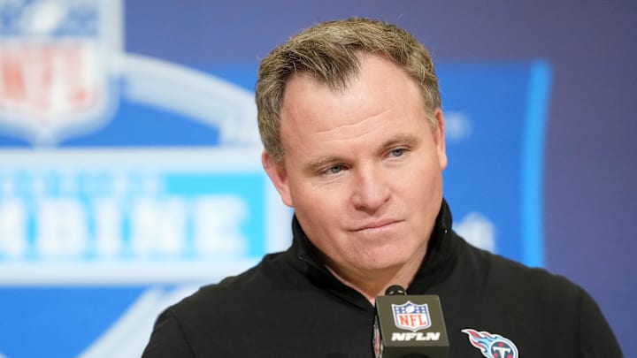 Feb 25, 2026; Indianapolis, IN, USA; Tennessee Titans general manager Mike Borgonzi speaks during the NFL Scouting Combine at the Indiana Convention Center. Mandatory Credit: Kirby Lee-Imagn Images