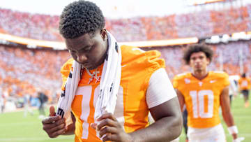 Tennessee offensive lineman David Sanders Jr. (70) walks off the field after the loss to Georgia in an NCAA college football game on September 13, 2025, Knoxville, Tennessee.