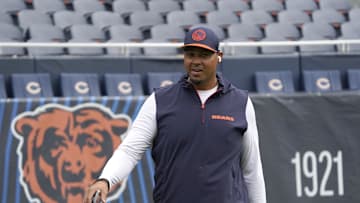 Aug 17, 2024; Chicago, Illinois, USA; Chicago Bears general manager Ryan Poles on the field before the game between the Chicago Bears and the Cincinnati Bengals at Soldier Field. Mandatory Credit: David Banks-Imagn Images