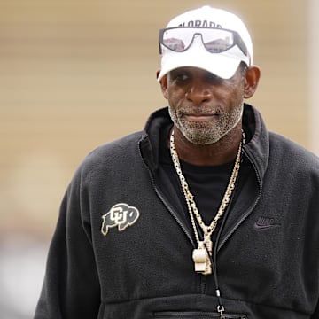 Oct 11, 2025; Boulder, Colorado, USA; Colorado Buffaloes head coach Deion Sanders before the game against the Iowa State Cyclones at Folsom Field. Mandatory Credit: Ron Chenoy-Imagn Images