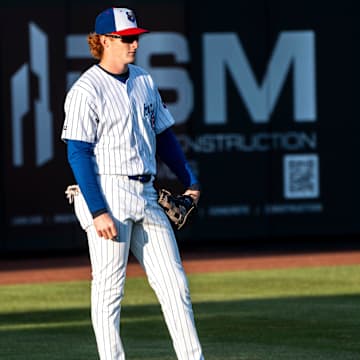 Iowa Cubs' Owen Caissie stands in the outfield during a game against the Toledo Mud Hens at Principal Park on Tuesday, April 2, 2024, in Des Moines.