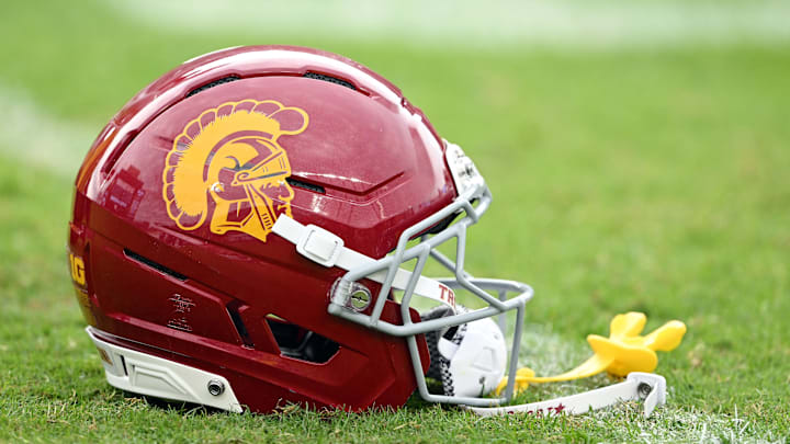 Sep 13, 2025; West Lafayette, Indiana, USA; A Southern California Trojans helmet sits on the field before the game against the Purdue Boilermakers at Ross-Ade Stadium. Mandatory Credit: Marc Lebryk-Imagn Images