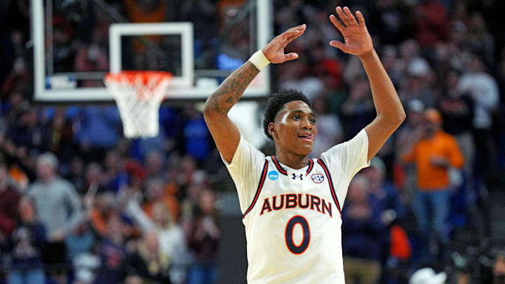 Mar 22, 2025; Lexington, KY, USA;  Auburn Tigers guard Tahaad Pettiford (0) celebrates during the second half against the Creighton Bluejays in the second round to the NCAA Tournament at Rupp Arena. Mandatory Credit: Aaron Doster-Imagn Images