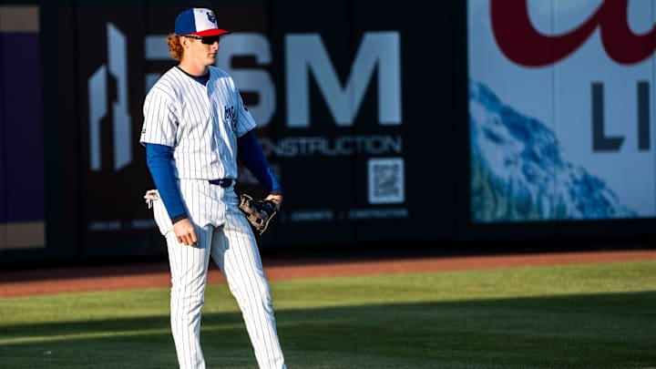 Iowa Cubs' Owen Caissie stands in the outfield during a game against the Toledo Mud Hens at Principal Park on Tuesday, April 2, 2024, in Des Moines.