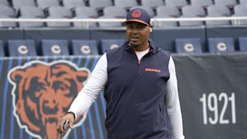 Aug 17, 2024; Chicago, Illinois, USA; Chicago Bears general manager Ryan Poles on the field before the game between the Chicago Bears and the Cincinnati Bengals at Soldier Field. Mandatory Credit: David Banks-Imagn Images