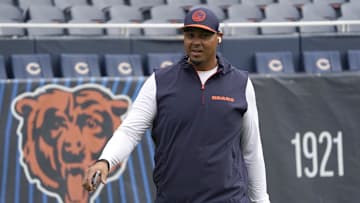 Aug 17, 2024; Chicago, Illinois, USA; Chicago Bears general manager Ryan Poles on the field before the game between the Chicago Bears and the Cincinnati Bengals at Soldier Field. Mandatory Credit: David Banks-Imagn Images