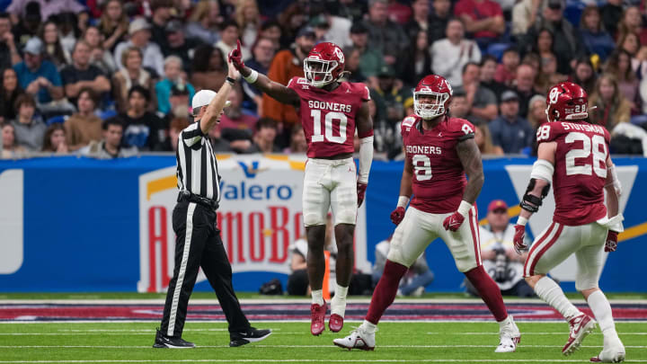 Dec 28, 2023; San Antonio, TX, USA; Oklahoma Sooners linebacker Kip Lewis (10) celebrates a sack in the second half against the Arizona Wildcats at Alamodome. Mandatory Credit: Daniel Dunn-USA TODAY Sports