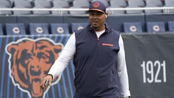 Chicago Bears general manager Ryan Poles on the field before the game between the Chicago Bears and the Cincinnati Bengals at Soldier Field.