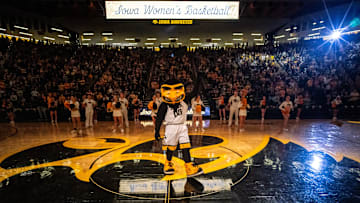 University of Iowa mascot Herky the Hawk gets pumped up at mid court before a NCAA college women's basketball game against Fairleigh Dickinson University Knights, Monday, Nov. 6, 2023, at Carver-Hawkeye Arena in Iowa City, Iowa.