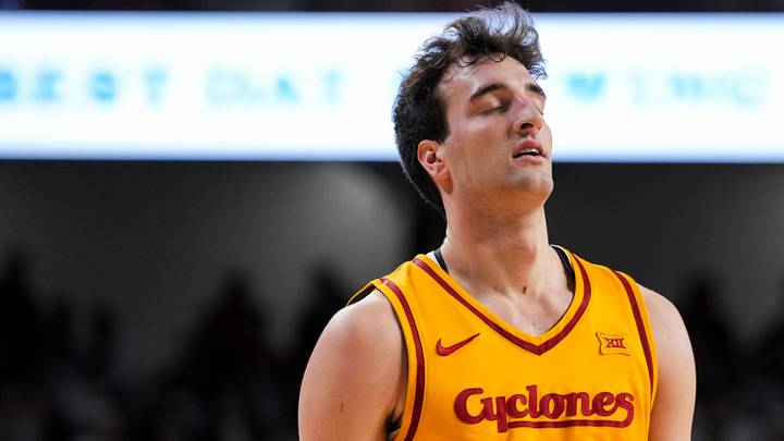 Jan 17, 2026; Cincinnati, Ohio, USA;  Iowa State Cyclones forward Milan Momcilovic (22) reacts as he stands on the court during a stop in play against the Cincinnati Bearcats in the second half at Fifth Third Arena. Mandatory Credit: Aaron Doster-Imagn Images