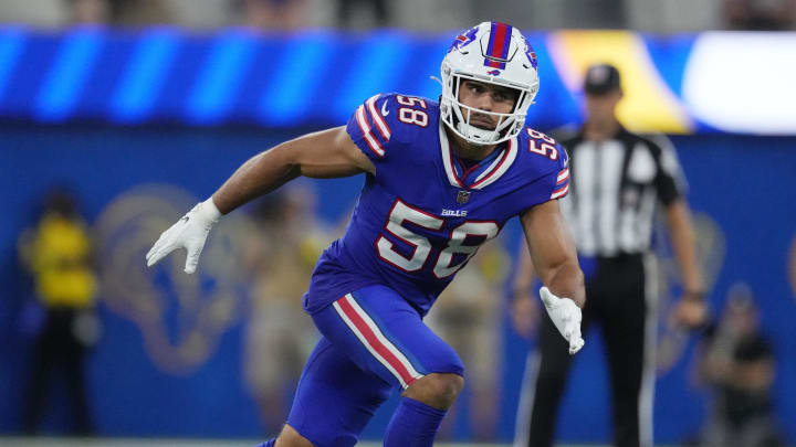 Sep 8, 2022; Inglewood, California, USA; Buffalo Bills linebacker Matt Milano (58) moves into position in the fourth quarter against the Los Angeles Rams at SoFi Stadium. Mandatory Credit: Kirby Lee-USA TODAY Sports