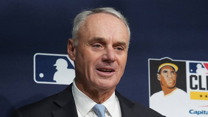 Oct 27, 2025; Los Angeles, California, USA; Major League Baseball commissioner Rob Manfred before game three of the 2025 MLB World Series between the Toronto Blue Jays and Los Angeles Dodgers at Dodger Stadium. Mandatory Credit: Kirby Lee-Imagn Images