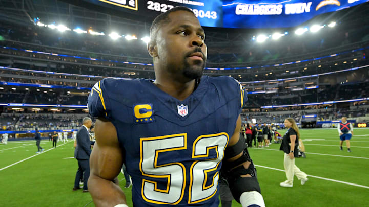 Oct 23, 2025; Inglewood, California, USA;  Los Angeles Chargers outside linebacker Khalil MacK (52) as he leaves the field following the game against the Minnesota Vikings at SoFi Stadium. Mandatory Credit: Jayne Kamin-Oncea-Imagn Images