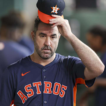 Sep 8, 2024; Houston, Texas, USA; Houston Astros starting pitcher Justin Verlander walks in the dugout.