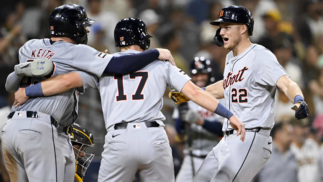 Sep 5, 2024; San Diego, California, USA; Detroit Tigers center fielder Parker Meadows (22) is congratulated after hitting a grand slam during the ninth inning against the San Diego Padres at Petco Park