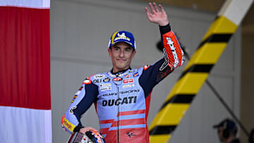 Apr 13, 2024; Austin, TX, USA; Marc Marquez (93) of Spain and Gresini Racing MotoGP waves to the fans after the Americas Grand Prix sprint race at Circuit of The Americas. Mandatory Credit: Jerome Miron-Imagn Images