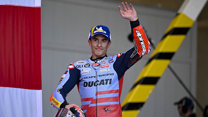 Apr 13, 2024; Austin, TX, USA; Marc Marquez (93) of Spain and Gresini Racing MotoGP waves to the fans after the Americas Grand Prix sprint race at Circuit of The Americas. Mandatory Credit: Jerome Miron-Imagn Images