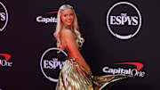 LSU gymnast Livvy Dunne arrives on the red carpet before the 2024 ESPYS at Dolby Theatre.