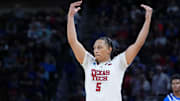 Mar 22, 2025; Wichita, KS, USA; Texas Tech Red Raiders forward Darrion Williams (5) reacts after a play against the Drake Bulldogs during the second half at Intrust Bank Arena. Mandatory Credit: Kirby Lee-Imagn Images