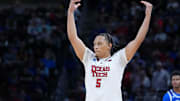 Mar 22, 2025; Wichita, KS, USA; Texas Tech Red Raiders forward Darrion Williams (5) reacts after a play against the Drake Bulldogs during the second half at Intrust Bank Arena. Mandatory Credit: Kirby Lee-Imagn Images
