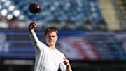 Oct 26, 2025; Foxborough, Massachusetts, USA;  New England Patriots quarterback Drake Maye (10) warms up prior to the game against the Cleveland Browns at Gillette Stadium. Mandatory Credit: Brian Fluharty-Imagn Images