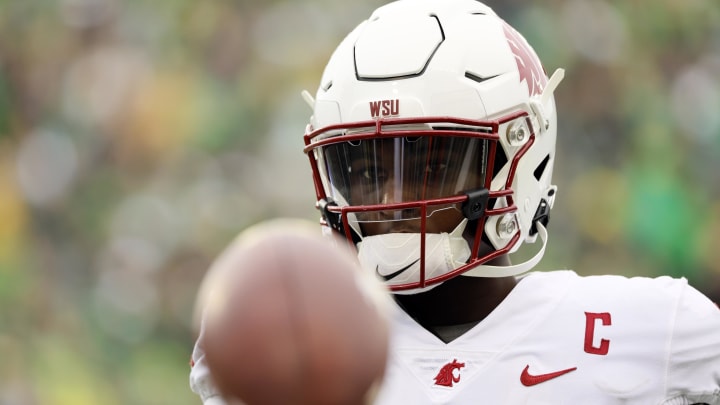 Oct 21, 2023; Eugene, Oregon, USA; Washington State Cougars quarterback Cameron Ward (1) looks on during the first half against the Oregon Ducks at Autzen Stadium. Mandatory Credit: Soobum Im-USA TODAY Sports