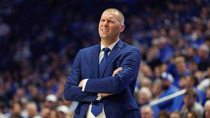 Nov 22, 2024; Lexington, Kentucky, USA; Kentucky Wildcats head coach Mark Pope reacts to the action during the first half against the Jackson State Tigers at Rupp Arena at Central Bank Center. Mandatory Credit: Jordan Prather-Imagn Images