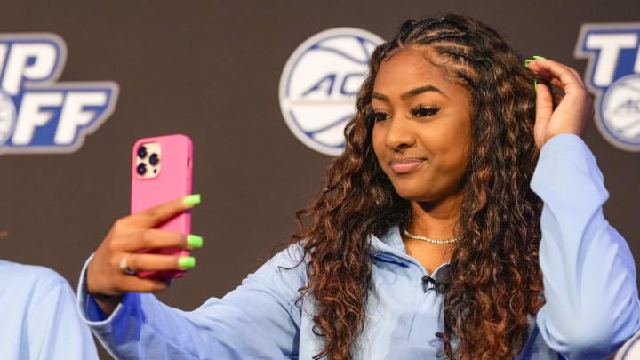 Oct 12, 2022; Charlotte, North Carolina, US; North Carolina player Kennedy Todd-Williams and Deja Kelly during the ACC Women s Basketball Tip-Off in Charlotte, NC.  