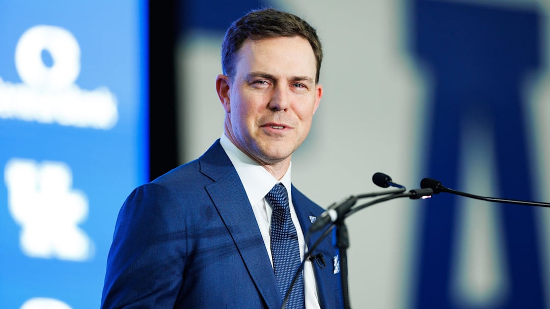 Dec 3, 2025; Lexington, KY, USA; Kentucky Wildcats head football coach Will Stein speaks during his introductory press conference at Nutter Field House. Mandatory Credit: Jordan Prather-Imagn Images