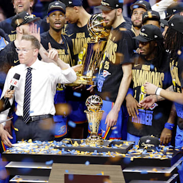 Jun 22, 2025; Oklahoma City, Oklahoma, USA; Oklahoma City Thunder general manager Sam Presti is interviewed after winning game seven of the 2025 NBA Finals against the Indiana Pacers at Paycom Center.