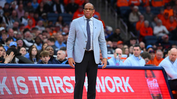Feb 21, 2026; Syracuse, New York, USA; North Carolina Tar Heels head coach Hubert Davis looks on during the first half against the Syracuse Orange at the JMA Wireless Dome. Mandatory Credit: Rich Barnes-Imagn Images