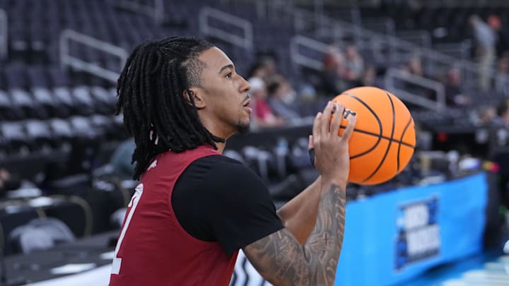 Mar 19, 2025; Providence, RI, USA; Arkansas Razorbacks guard Boogie Fland (2) shoots the ball during the First Round Practice Session at Amica Mutual Pavilion. Mandatory Credit: Gregory Fisher-Imagn Images