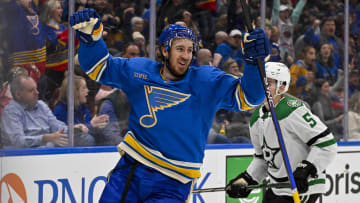 Dec 16, 2023; St. Louis, Missouri, USA;  St. Louis Blues right wing Kevin Hayes (12) reacts after scoring against the Dallas Stars during the second period at Enterprise Center. Mandatory Credit: Jeff Curry-USA TODAY Sports