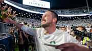Oregon head coach Dan Lanning celebrates his win with Duck fans as the Oregon Ducks face the Penn State Nittany Lions on Sept. 27, 2025, at Beaver Stadium in University Park, Pennsylvania.