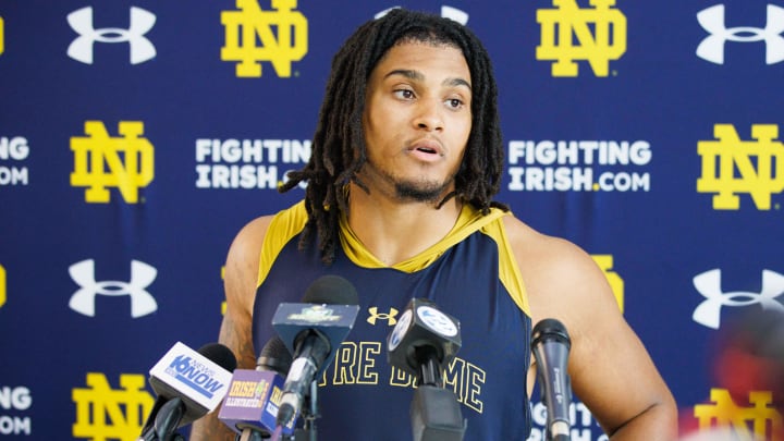 Notre Dame safety Xavier Watts addresses media after a Notre Dame football practice at Irish Athletic Center on Thursday, Aug. 1, 2024, in South Bend.