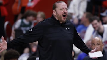 Apr 24, 2025; Detroit, Michigan, USA; New York Knicks head coach Tom Thibodeau reacts in the second half against the Detroit Pistons during game three of first round for the 2024 NBA Playoffs at Little Caesars Arena. Mandatory Credit: Rick Osentoski-Imagn Images