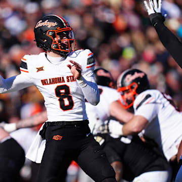 Nov 29, 2024; Boulder, Colorado, USA; Oklahoma State Cowboys quarterback Maealiuaki Smith (8 prepares to pass the ball in the second quarter against the Colorado Buffaloes at Folsom Field. Mandatory Credit: Ron Chenoy-Imagn Images