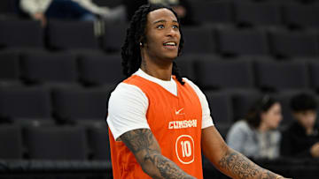 Mar 19, 2025; Providence, RI, USA; Clemson Tigers guard Del Jones (10) practices at Amica Mutual Pavilion. Mandatory Credit: Eric Canha-Imagn Images