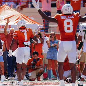 Aug 31, 2024; Austin, Texas, USA; Texas Longhorns wide receiver Silas Bolden (11) celebrates after a touchdown against the Colorado State Rams during the first half at Darrell K Royal-Texas Memorial Stadium. Mandatory Credit: Aaron Meullion-Imagn Images