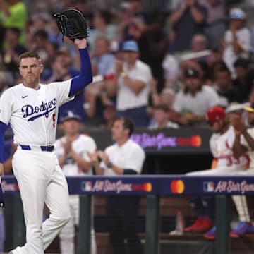 Jul 15, 2025; Cumberland, Georgia, USA; National League first baseman Freddie Freeman (5) of the Los Angeles Dodgers reacts in the third inning during the 2025 MLB All Star Game at Truist Park. Mandatory Credit: Brett Davis-Imagn Images