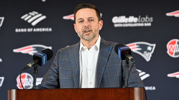 Mar 13, 2025; Foxborough, MA, USA; New England Patriots executive vice president of player personnel Eliot Wolf  discusses the teamís recent free agent additions with the media at Gillette Stadium. Mandatory Credit: Eric Canha-Imagn Images