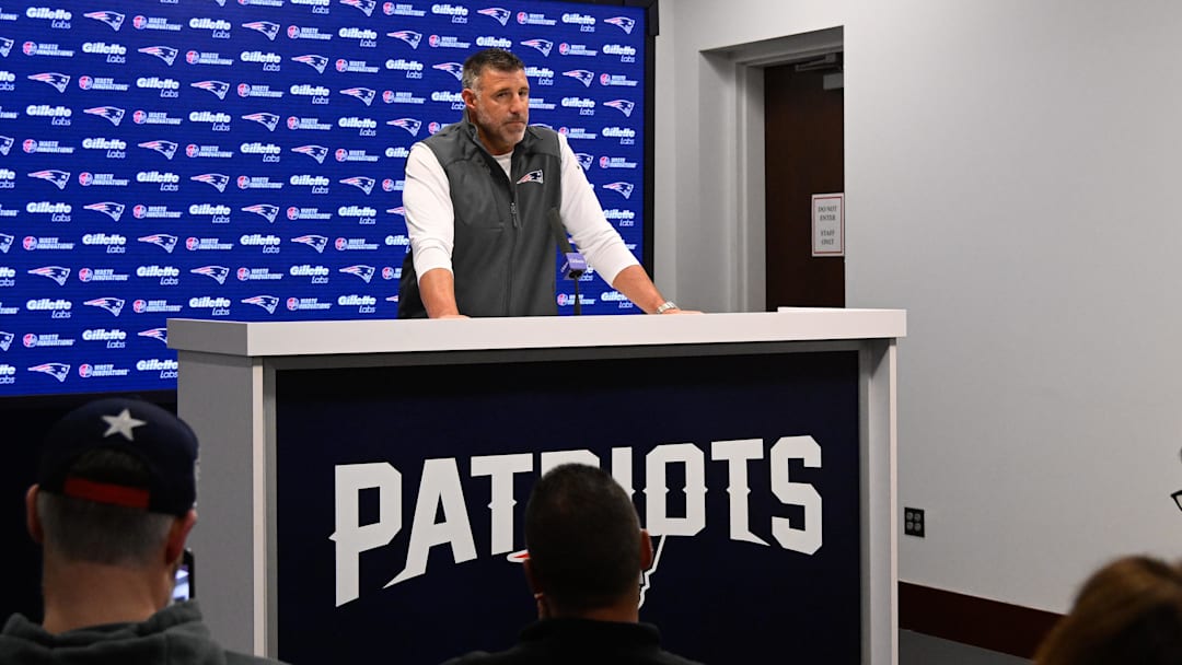 May 9, 2025; Foxborough, MA, USA;  New England Patriots head coach Mike Vrabel speaks the to media during a press conference at Gillette Stadium. Mandatory Credit: Eric Canha-Imagn Images