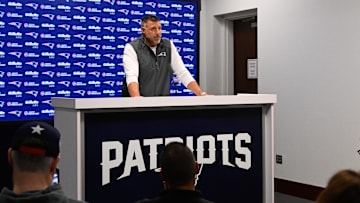 May 9, 2025; Foxborough, MA, USA;  New England Patriots head coach Mike Vrabel speaks the to media during a press conference at Gillette Stadium. Mandatory Credit: Eric Canha-Imagn Images