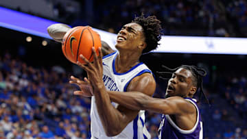 Oct 23, 2024; Lexington, KY, USA; Kentucky Wildcats center Amari Williams (22) goes to the basket during the second half against the Kentucky Wesleyan Panthers at Rupp Arena at Central Bank Center. Mandatory Credit: Jordan Prather-Imagn Images